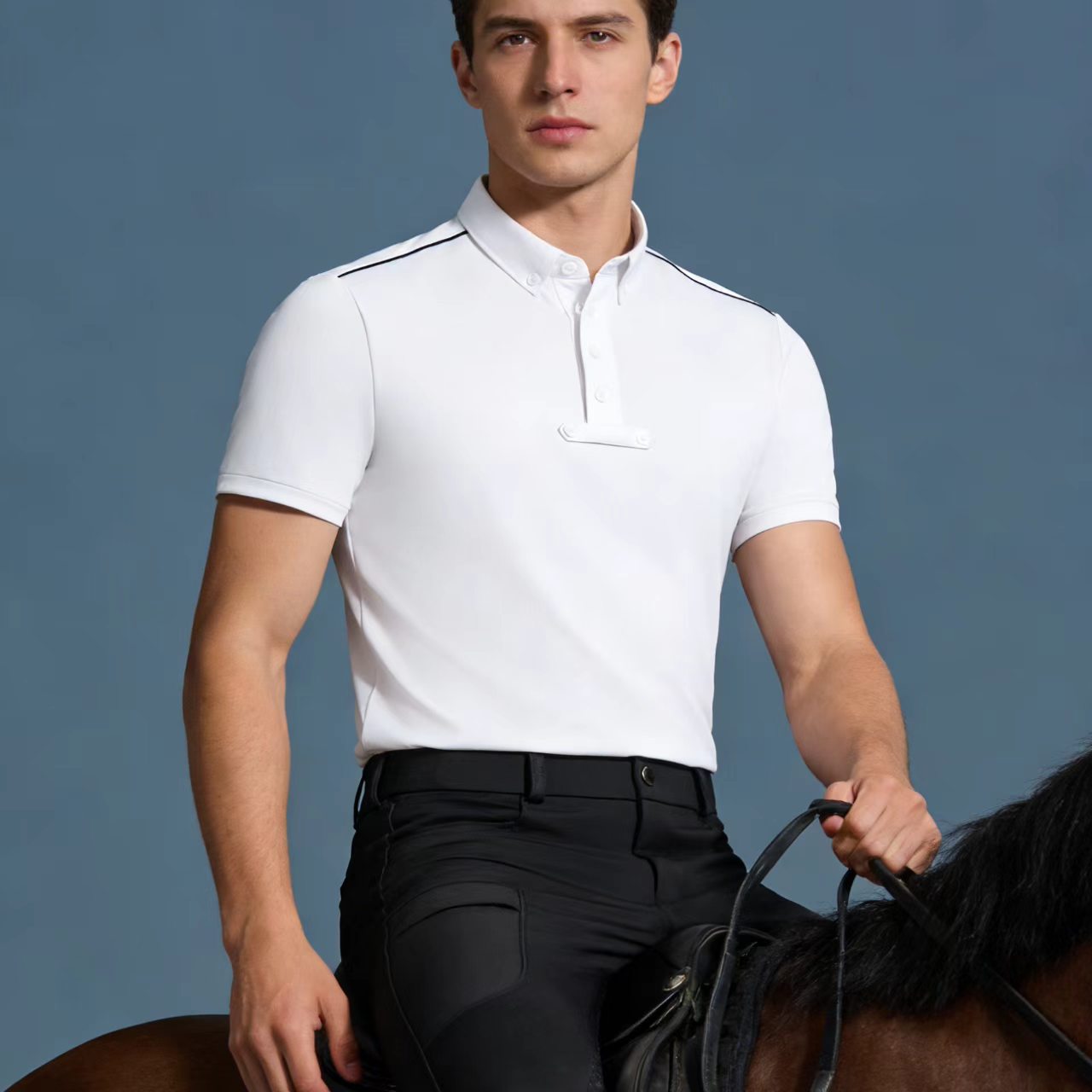 Polo Shirt Equestrian - メンズ乗馬用ニットポロシャツ、ライダー服、ストレッチスリムフィット、メンズ乗馬用サマーTシャツ、半袖