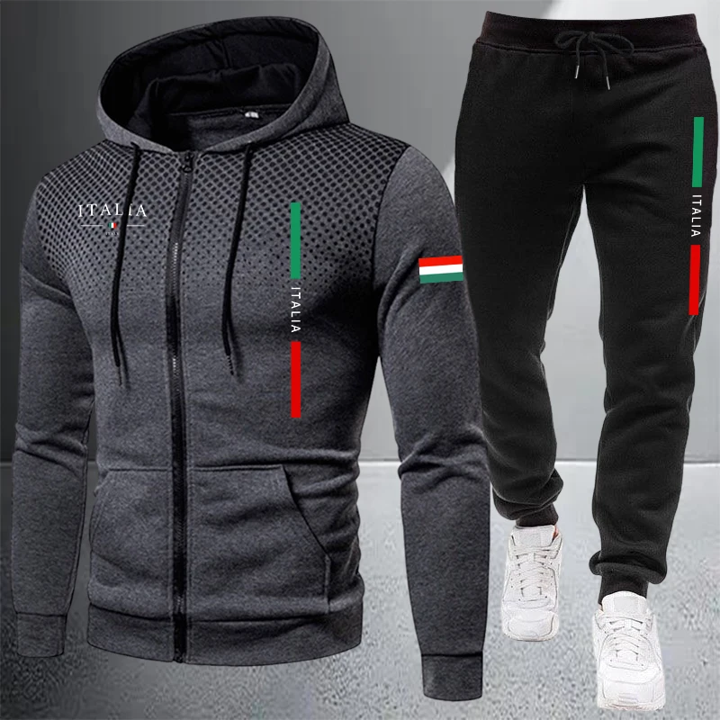 Outdoor Sport Winter Jacket - メンズトラックスーツカジュアルジップフード付きスウェットシャツコートアウトドアスポーツジョギング服秋冬シングルミックスアンドマッチジャケットパンツ