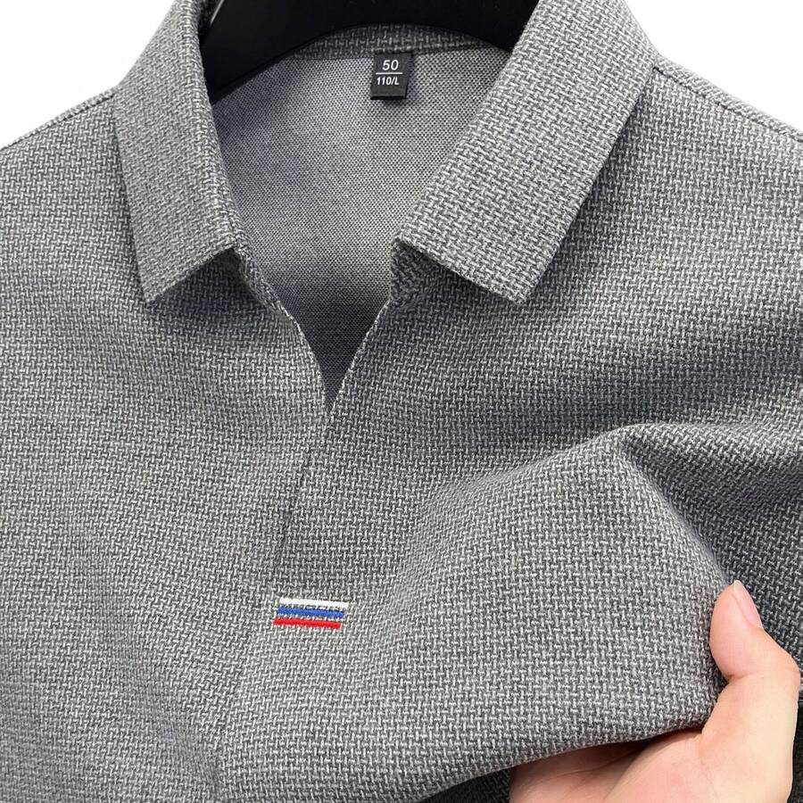 Polo Shirt Equestrian - メンズ長袖シャツ、刺繍ストライプ、フェイクプラケットカラー、通気性のあるボタンフロント、カジュアルゴルフ、乗馬用