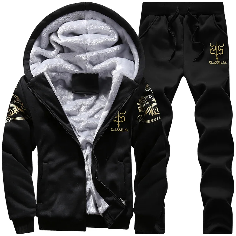 Outdoor Sport Winter Jacket - 秋冬メンズスポーツセットカジュアルフード付きカーディガンジャケット屋外厚く暖かいトラックスーツ男性ジップアップパーカー + パンツ 2 点セット