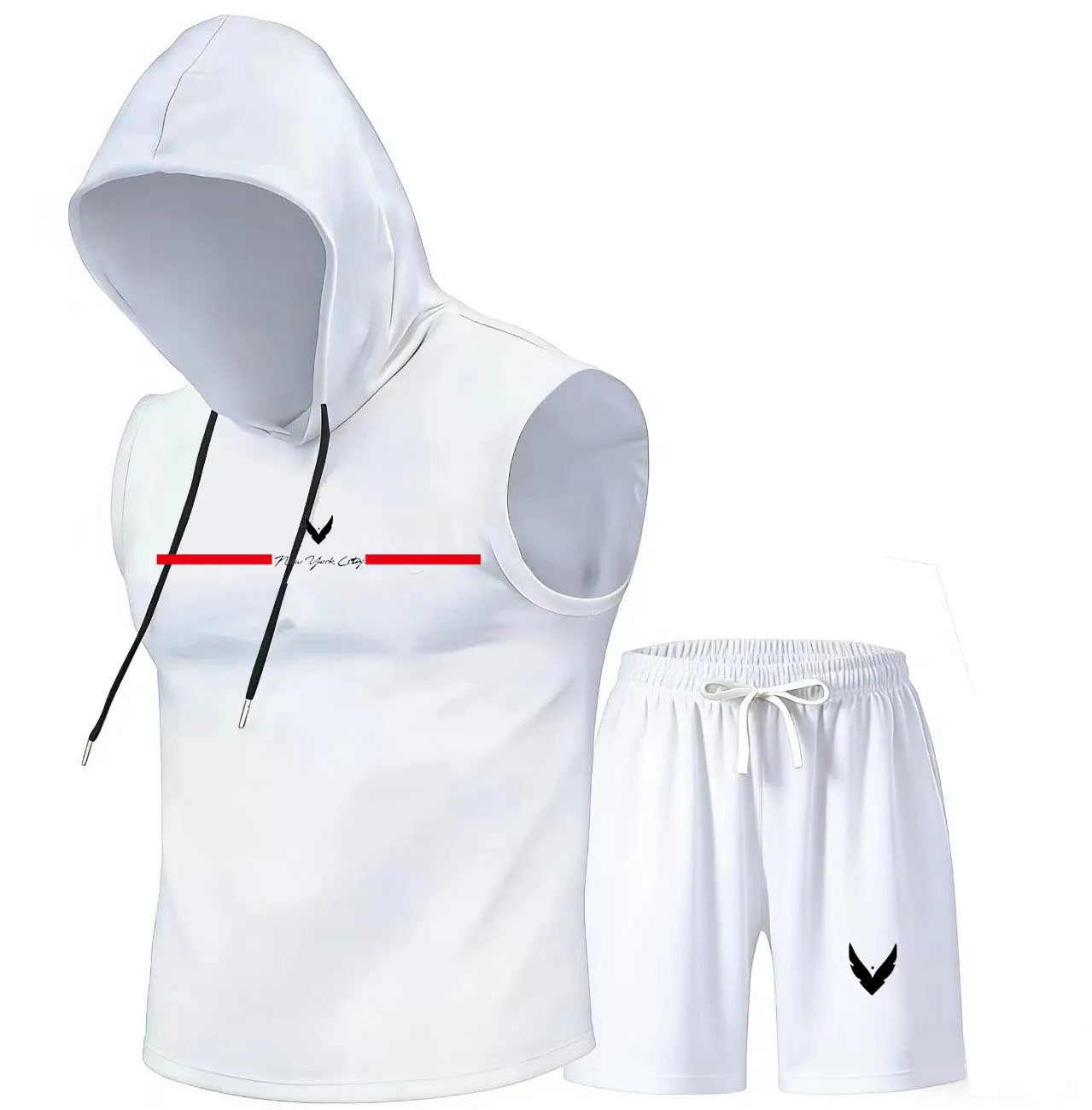 Outdoor Sports Leisure - メンズフード付きベストセットノースリーブフード付きTシャツベストとショートパンツセット夏のスポーツジムトレーニングアウトドアスポーツとレジャー
