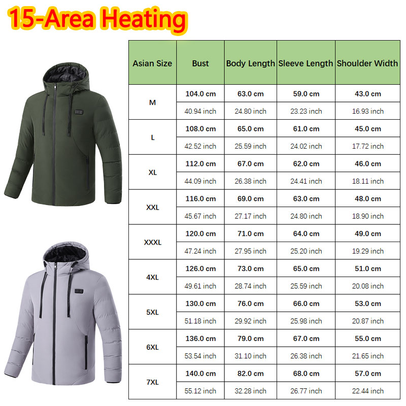 15 エリア加熱式冬用フード付きジャケット男性用暖かい加熱ジ - Outdoor Sport Winter Jacket のレビューと価格