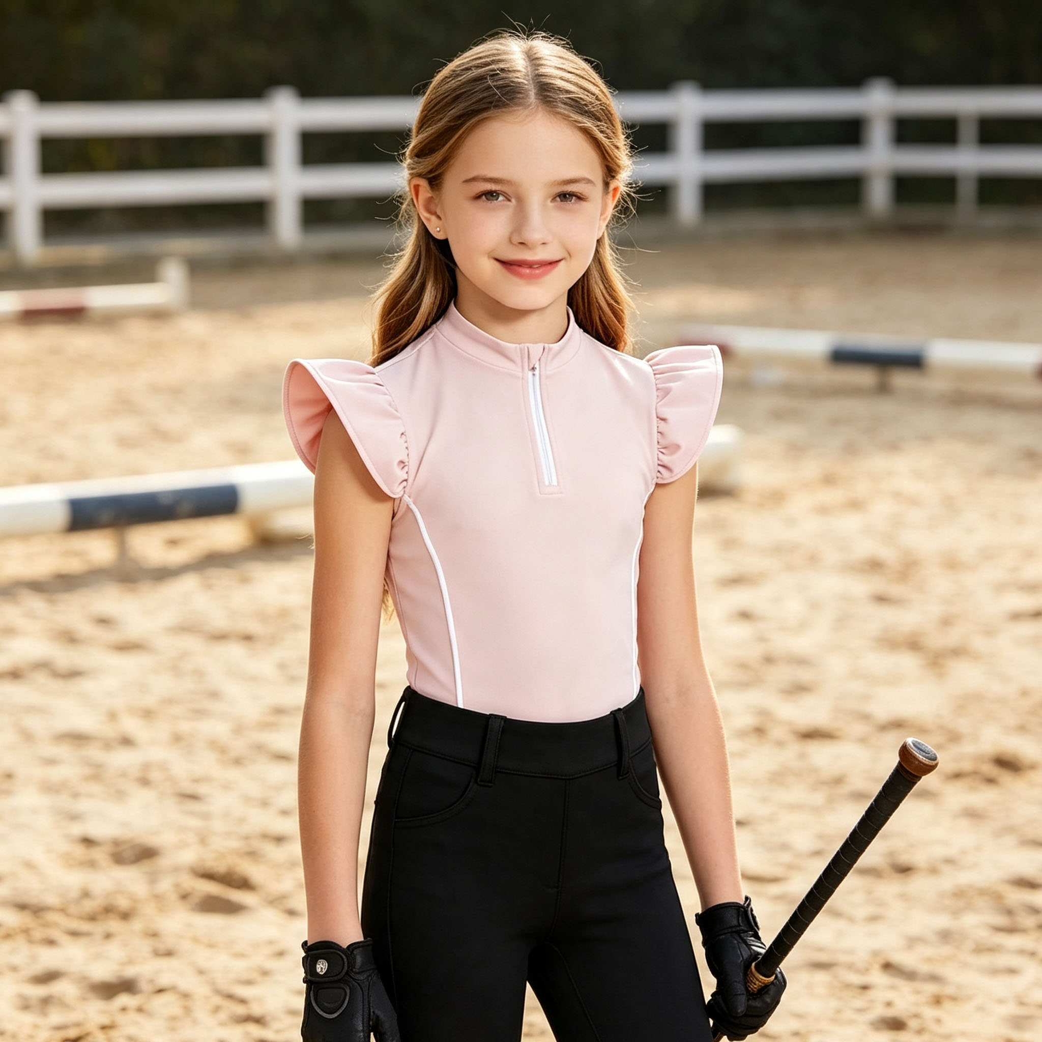 キッズガールズ乗馬シャツトップ乗馬服フリル袖ジップアップスタ - Polo Shirt Equestrian のレビューと価格